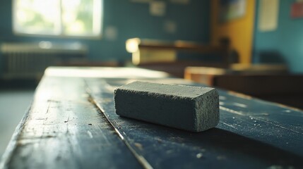 Close-up of a piece of chalk on a weathered wooden desk in a classroom, sunlight streaming through a window, creating an educational ambiance.