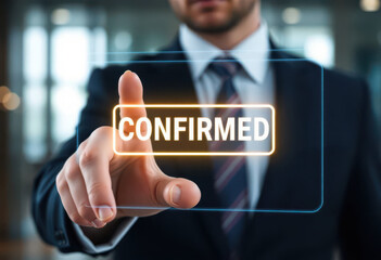 Businessman Verifying Holographic Payment Confirmations On Virtual Display