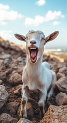 Fototapeta premium Happy goat enjoying the sunshine on rocky terrain in the countryside, with a joyful expression captured in the moment