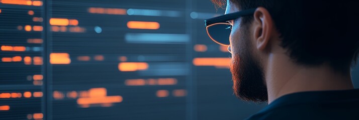 A focused individual analyzes data on a computer screen, highlighting technology, programming, and digital information themes.