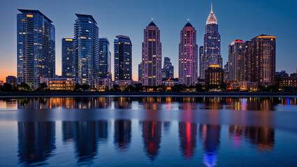 Fototapeta premium City skyline at night reflecting in calm water under twilight sky