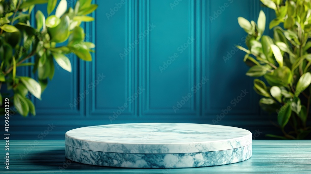Poster stylish round marble display elegant home setting photography vibrant greenery close-up view