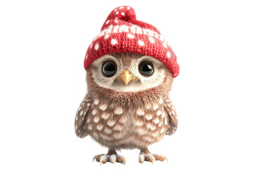 Fototapeta premium Cute owl wearing a red knit hat nature setting animal photography playful close-up view whimsy
