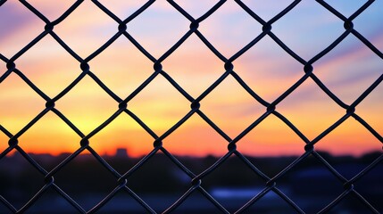 Fototapeta premium Silhouetted chain link fence framing a vibrant sunset with colorful hues in an urban backdrop.
