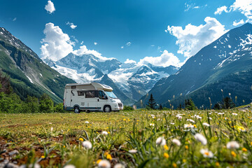 Holiday trip on large family motorhome for holiday in beautiful nature