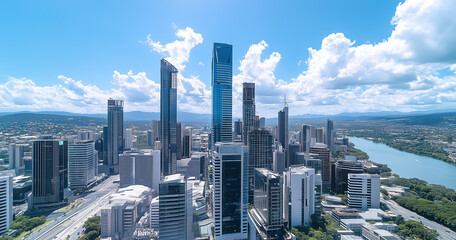Obraz premium Modern Skyline with High-Rise Office Buildings under Blue Sky