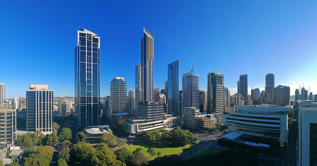 Fototapeta premium Modern Skyline with High-Rise Office Buildings under Blue Sky