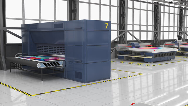 Production workshop with wide format industrial UV plotters and printers. 3d illustration