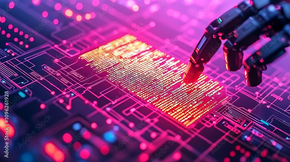 Poster futuristic robotic hand interacting with a glowing data matrix in a high-tech digital environment re
