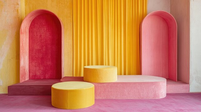 Vibrant pastel podiums in pink and yellow shades against a textured backdrop with colorful arches, creating a modern and playful interior design.