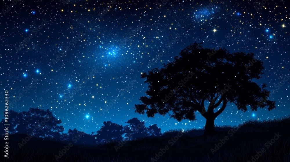 Poster a dark sky with a tree in the middle and many stars