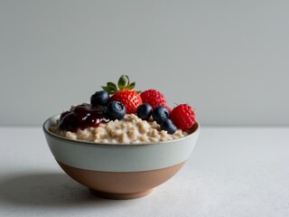 Oatmeal with fresh berries and jam topping.