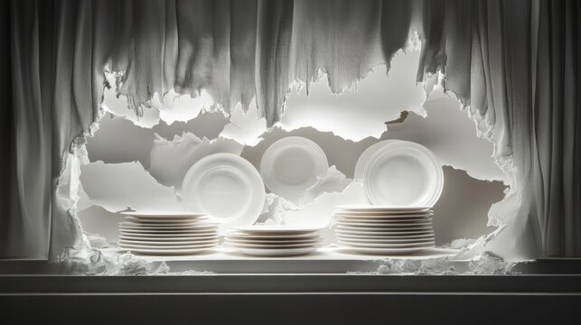 Frayed curtain revealing a collection of white plates, creating a striking minimalist kitchen scene with soft lighting and a clean aesthetic that emphasizes simplicity and elegance.