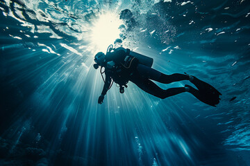 Beautiful diver goes on an underwater adventure in frighteningly deep sea