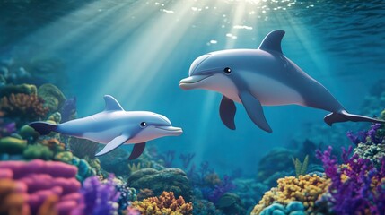 Fototapeta premium Two dolphins swim above a vibrant coral reef illuminated by bright sun rays streaming down through the blue ocean water.