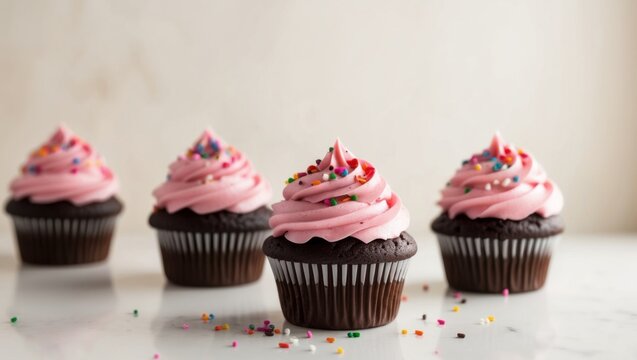 Delicious chocolate cupcakes with pink frosting and sprinkles.