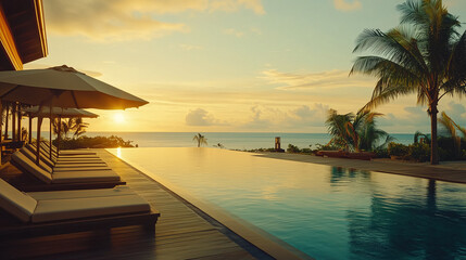 Fototapeta premium Modern Luxury Villa with Infinity Pool Overlooking the Ocean.Golden hour.