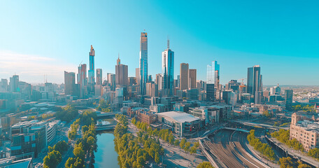 Fototapeta premium Modern Skyline with High-Rise Office Buildings under Blue Sky