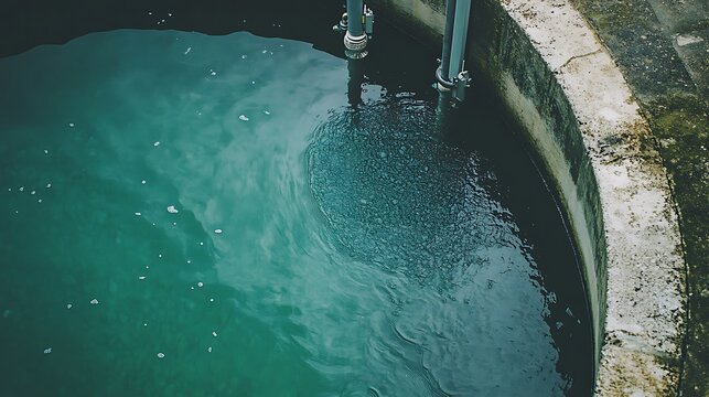A tranquil water reservoir with visible pipes and a calm surface, suggesting maintenance or observation.