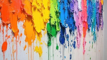 A dynamic wall display showcasing an array of vivid, multi-colored paint splatters and drips, creating a lively and textured artistic expression.