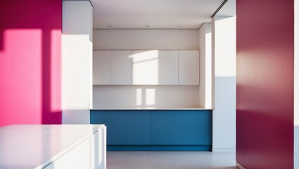 A brightly lit room with a pink wall and a blue counter.