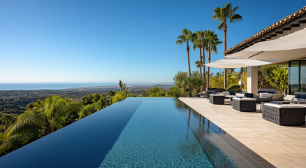 Fototapeta premium Modern Luxury Villa with Infinity Pool Overlooking the Ocean.