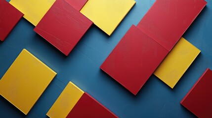 Colorful abstract design with red and yellow squares arranged dynamically on a smooth blue background, creating a striking visual contrast and modern aesthetic.