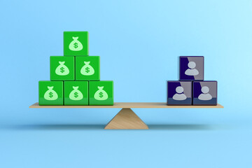 Scale comparing salaries and number of employees. Cubes represent workers and money symbolizes costs, illustrating the financial balance between human resources and corporate expenses. 3D illustration