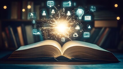 its pages illuminated by a warm with light shining from centre and people, computer and search icons floating above.
concept for knowledge, connection, and peace in a digital age