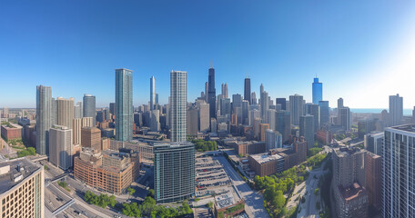 Obraz premium Modern Skyline with High-Rise Office Buildings under Blue Sky