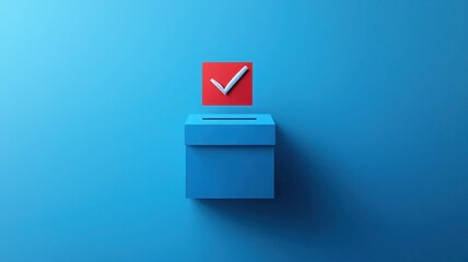 A simple blue ballot box with a red checkmark symbolizing voting and election participation.