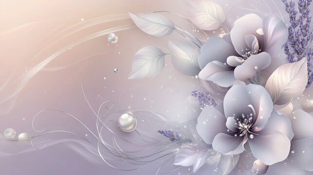 A luxurious, ethereal design with large, stylized lavender flowers positioned on the right side, complemented by pale pink and white gradient leaves. Delicate silver swirls 