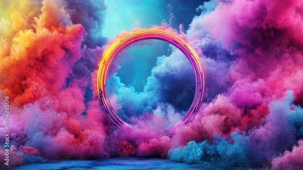 Poster vibrant colorful clouds and circular light ring in abstract digital background art