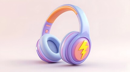 headphones on blue background, Colorful Cartoon Headphones with Lightning Bolt Icon on Pastel Background – 3D Illustration, Pastel Cartoon Headphones with Lightning Bolt – 3D Render on Pink Background