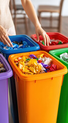 Plastic Pollution Waste Reduction Concept. A person sorts recyclable waste into colorful bins for eco-friendly disposal, promoting environmental sustainability and proper waste management.