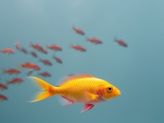 Fototapeta premium Bright fish swimming in blue water with a school in background.