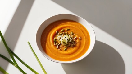 Creamy Butternut Squash Soup with Scallions and Seeds.