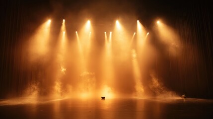 Dimly lit performance stage enveloped in haze, highlighted by warm spotlights creating an atmospheric ambiance for a live show.