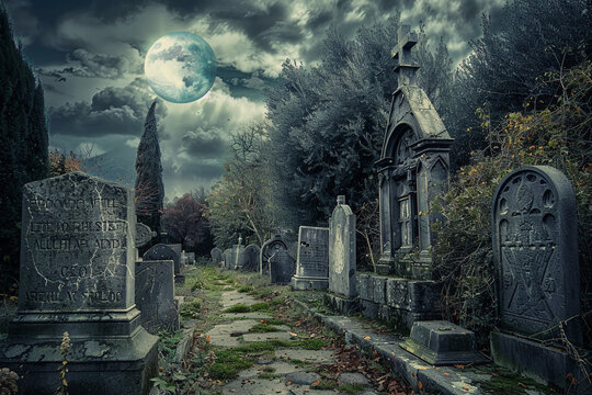 Fantastically mysterious cemetery with tombstones and terribly atmosphere