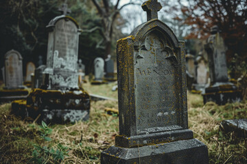 Fototapeta premium Fantastically mysterious cemetery with tombstones and terribly atmosphere