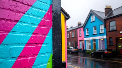 Vibrant Urban Landscape with Colorful Buildings and Rainy Street Scene Showcasing Bright Street Art and Residential Architecture in City Area