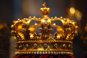 Fototapeta premium Fantastic king or queen crown from vivid gold material for coronation
