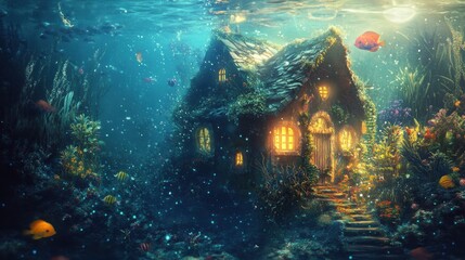 Obraz premium A digital rendering of an underwater house appearing on a tablet, aquatic colors and effects 