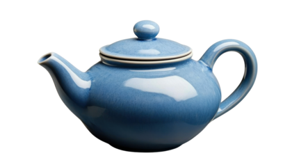 Blue ceramic teapot isolated on transparent background.