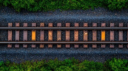 Aerial View of Train Tracks Surrounded by Lush Greenery and Gravel Path, Illustrating the Journey and Connection Between Nature and Transportation