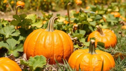 A ripe orange pumpkin surrounded by lush green grass in a serene field setting, seasonal, pumpkin, fresh