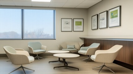 Modern office lounge with comfortable seating and artwork on the walls.