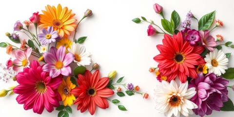 A stunning floral arrangement featuring a variety of colorful flowers against a crisp white background, with an empty space in the center, elegant, floral, colorful