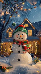 Obraz premium Christmas background. cute snowman and pine tree branch in snow. New Year and Christmas holidays. festive winter season. copy space. template for design 