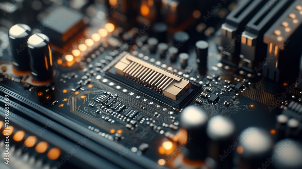 Poster a close up of a computer chip with a yellow glow